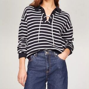 Tommy Hilfiger Navy & White Striped Lace-Up Polo Sweater Oversized Small